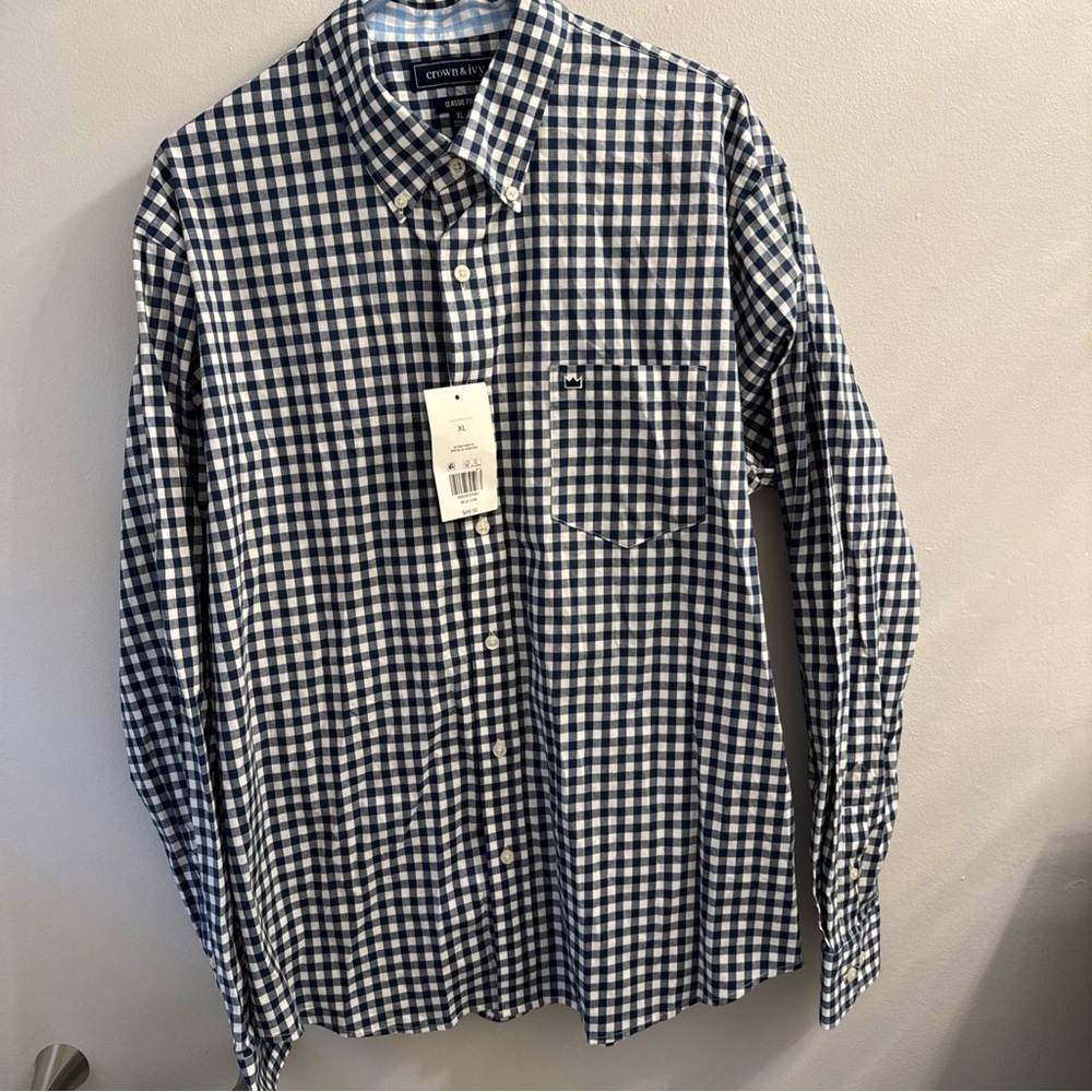 Crown & Ivy Navy and White Plaid Button Down Shirt